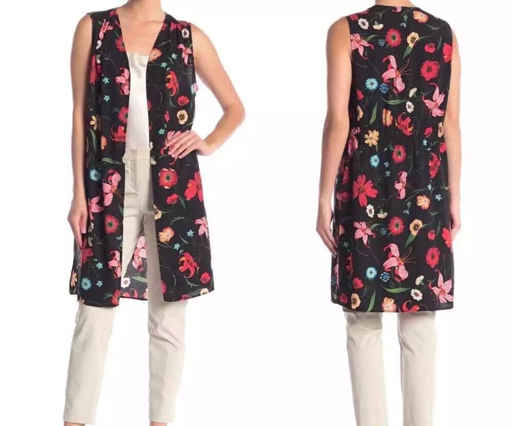 Pleione Floral Duster Vest Open Front Sleeveless Black / Red Size M, Side Split